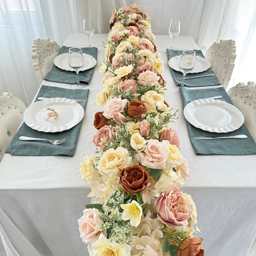 Customizable Autumn Champagne Artificial Flower Table Runner Halloween New Year Valentine's Day Party Wedding Decorations