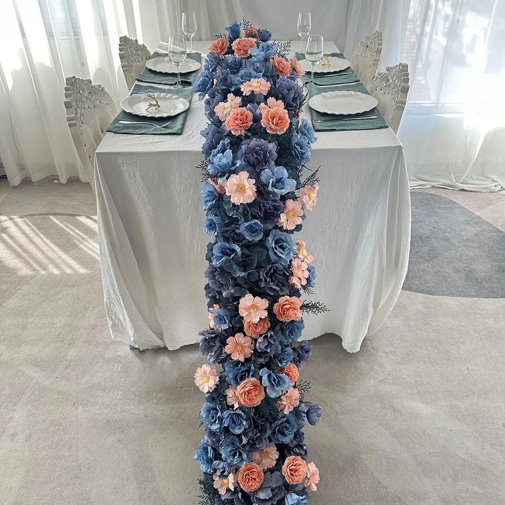 Customizable DIY Table Runner Blue Grey Design Featuring New Artificial Flowers Christmas Graduation Easter Scenes