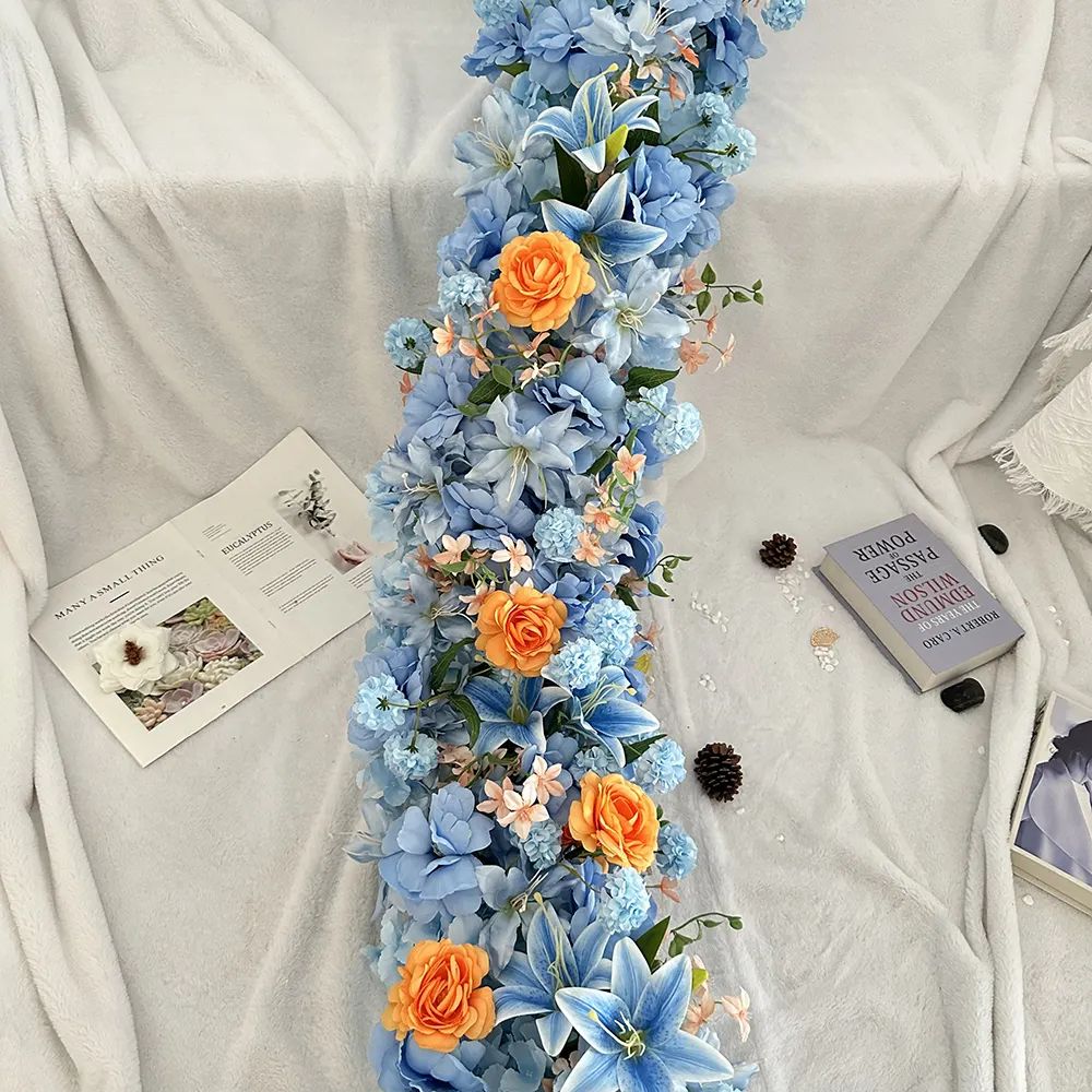 Silk Fabric Artificial Flowers Beautiful Blue Orange Hydrangea Lily Customizable Table Runner 