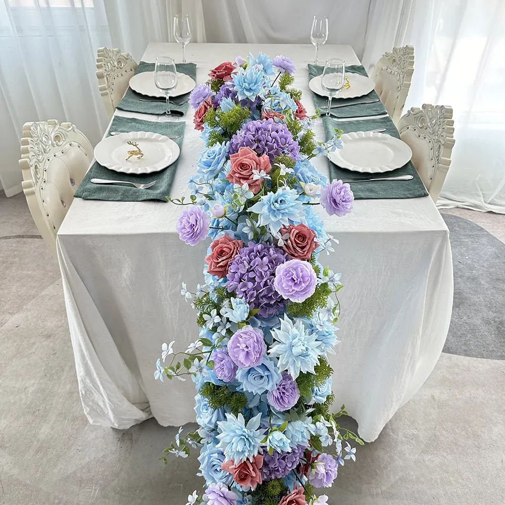 blue purple hydrangea roses customizable high quality silk fabric artificial flower table runner