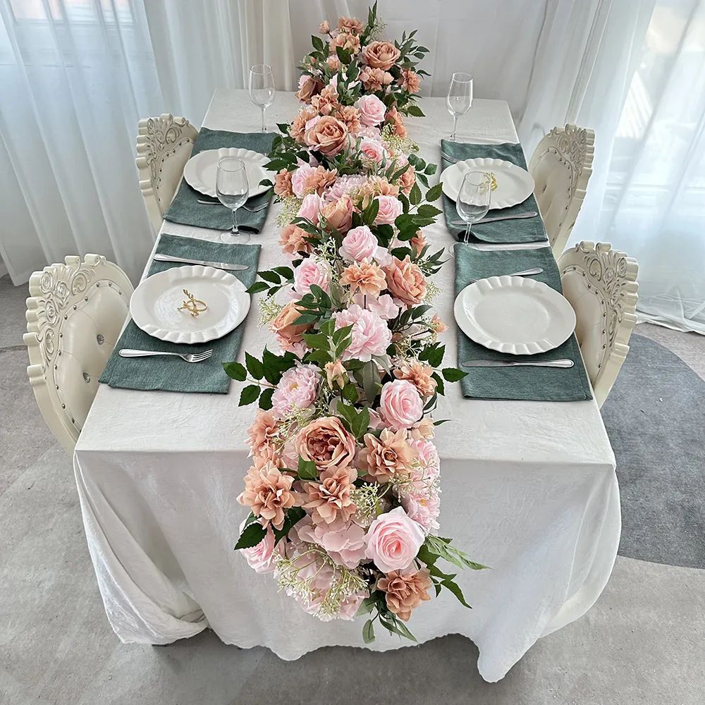  New Design 200cm Extendable Table Runner High Quality Pink Coffee Color Artificial Rose Green Leaf for Party Decorations