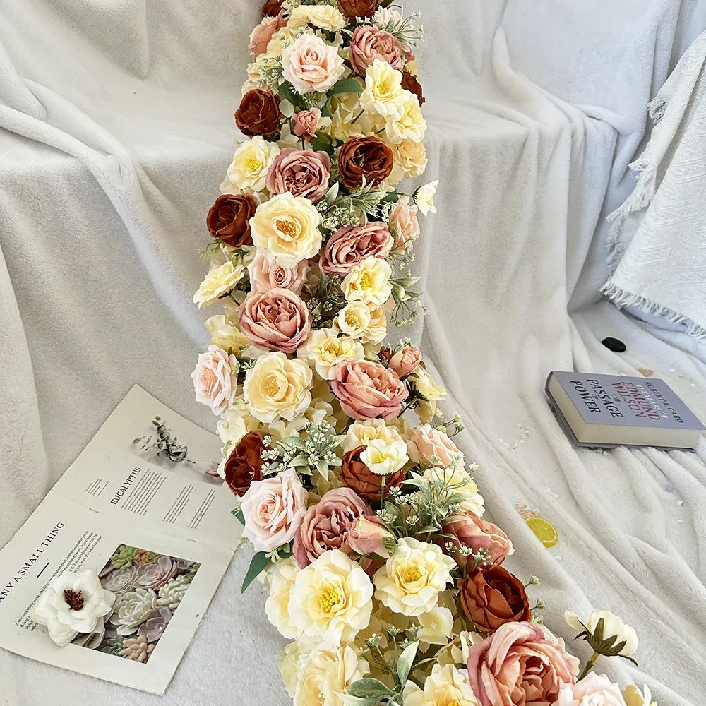 DIY Artificial Flower Table Runner Blue Hydrangea Yellow Tulip Purple Peony Festive Christmas Scene Arrangement