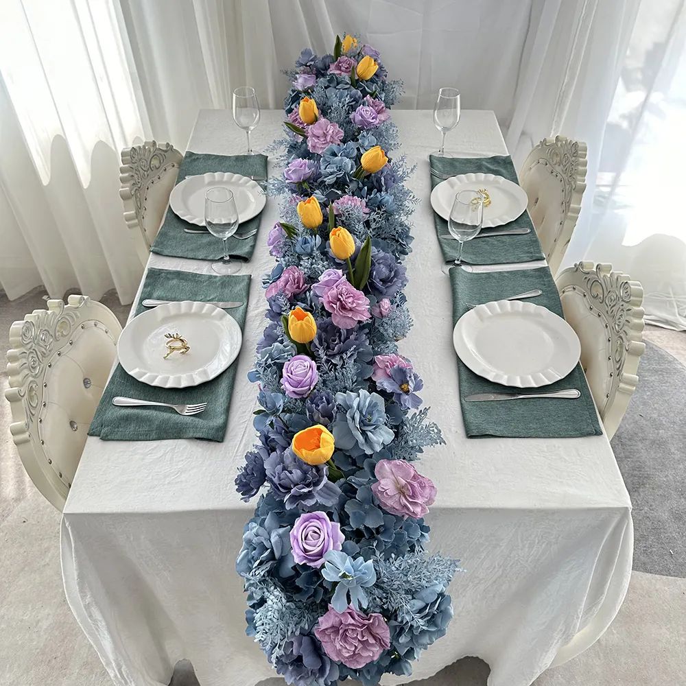 DIY Artificial Flower Table Runner Blue Hydrangea Yellow Tulip Purple Peony Festive Christmas Scene Arrangement