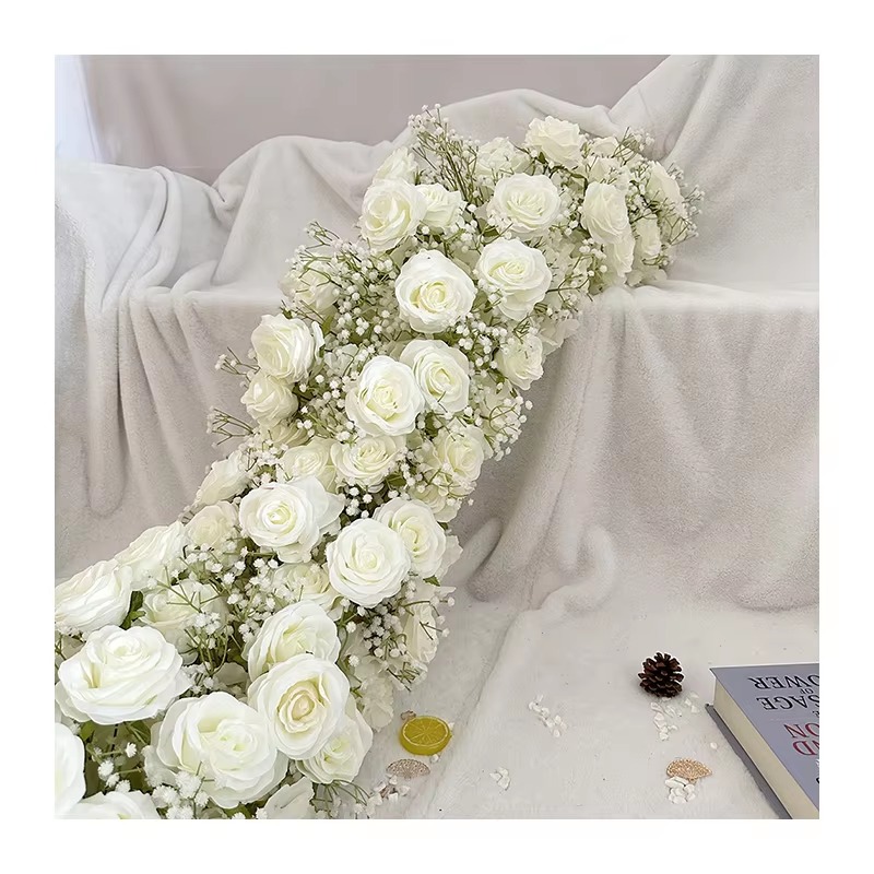 CQ61 Artificial White Rose Flower Row Arrangement for Christmas Easter Parties Weddings Floral Centerpieces Decorations