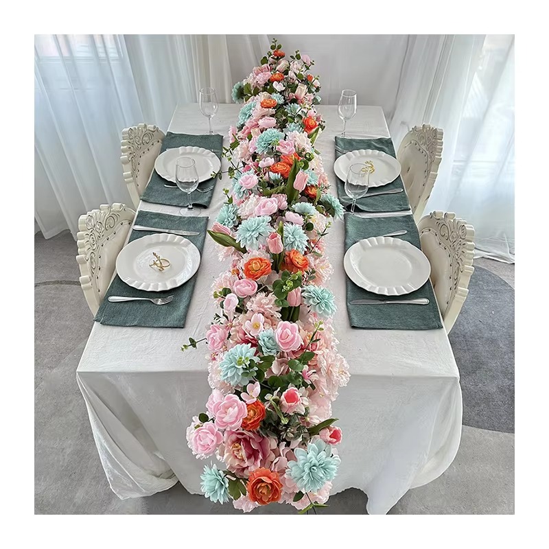 CQ16 Table Runner with Artificial Flowers Elegant Decorative Accessory