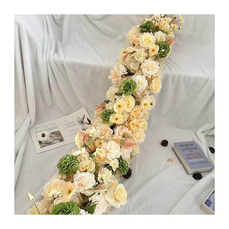 CQ22 Wedding Decoration Artificial Silk Flowers Table Runner White Flower Rows Runner for Christmas and Halloween Occasions