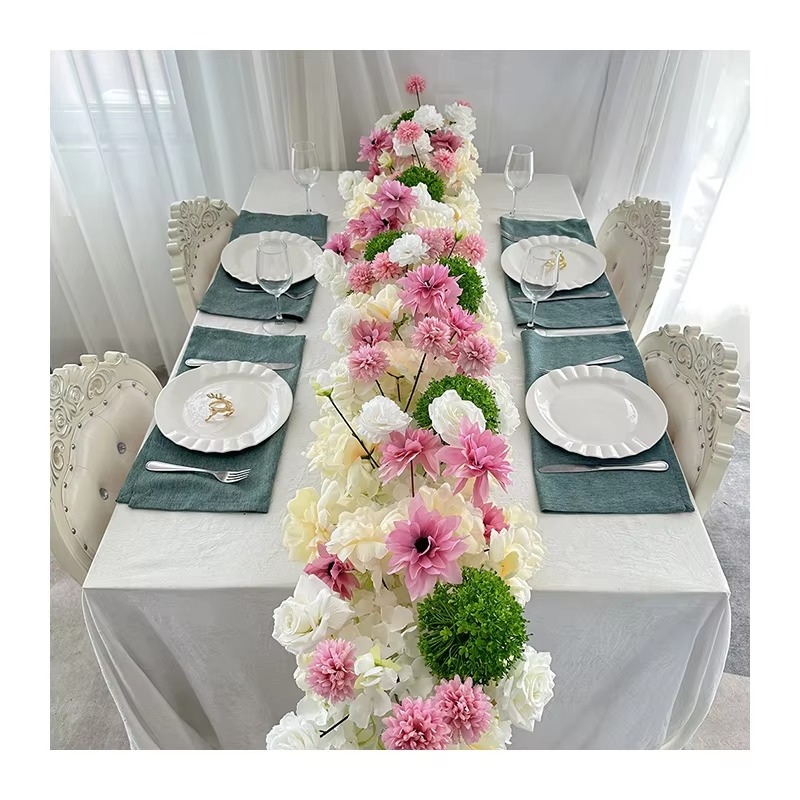 CQ60 Floral Rows Artificial Flowers Table Runner for Wedding Christmas Graduation Halloween Decorations in Homes