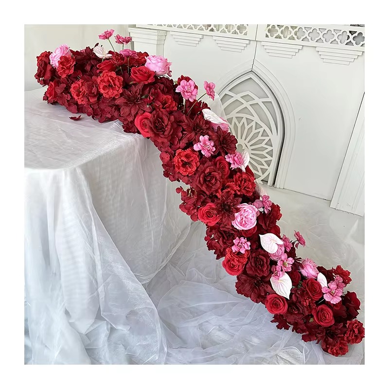 CQ47 Silk Red Rose Flower Table runner Good Quality Artificial Orchid Runner for Wedding Parties and Mother's Day Decorations