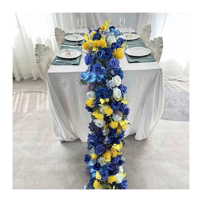 CQ64 Wedding Props Blue Simulated Artificial Flowers Table Runner for Halloween New Year Easter Decorations