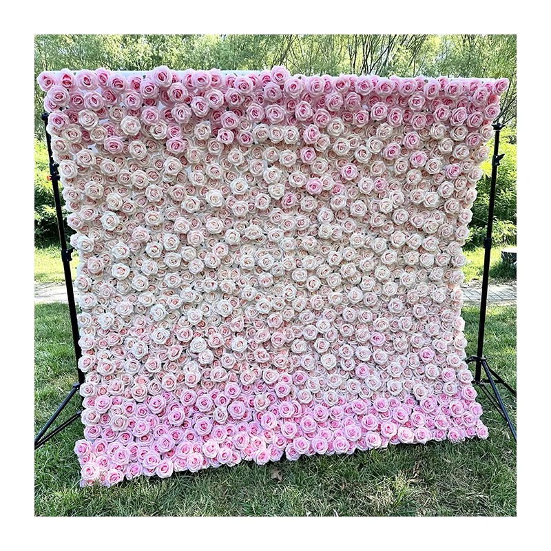 High-quality Customized 5D 3D Flower wall backdrop silk artificial decorative flower wall Pink Wedding Rose Wall Penels