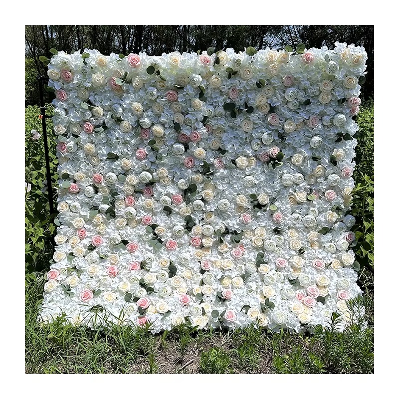 Hot selling artificial white pink champagne rose silk cloth hydrangea flower wall backdrop for wedding event stage decoration